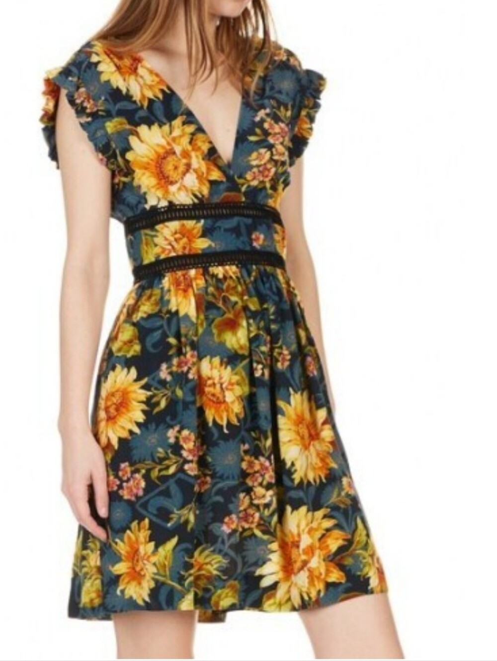 Sandro Silk Sunflower Print V Neck Ruffle Mini Dress Size XS/2
